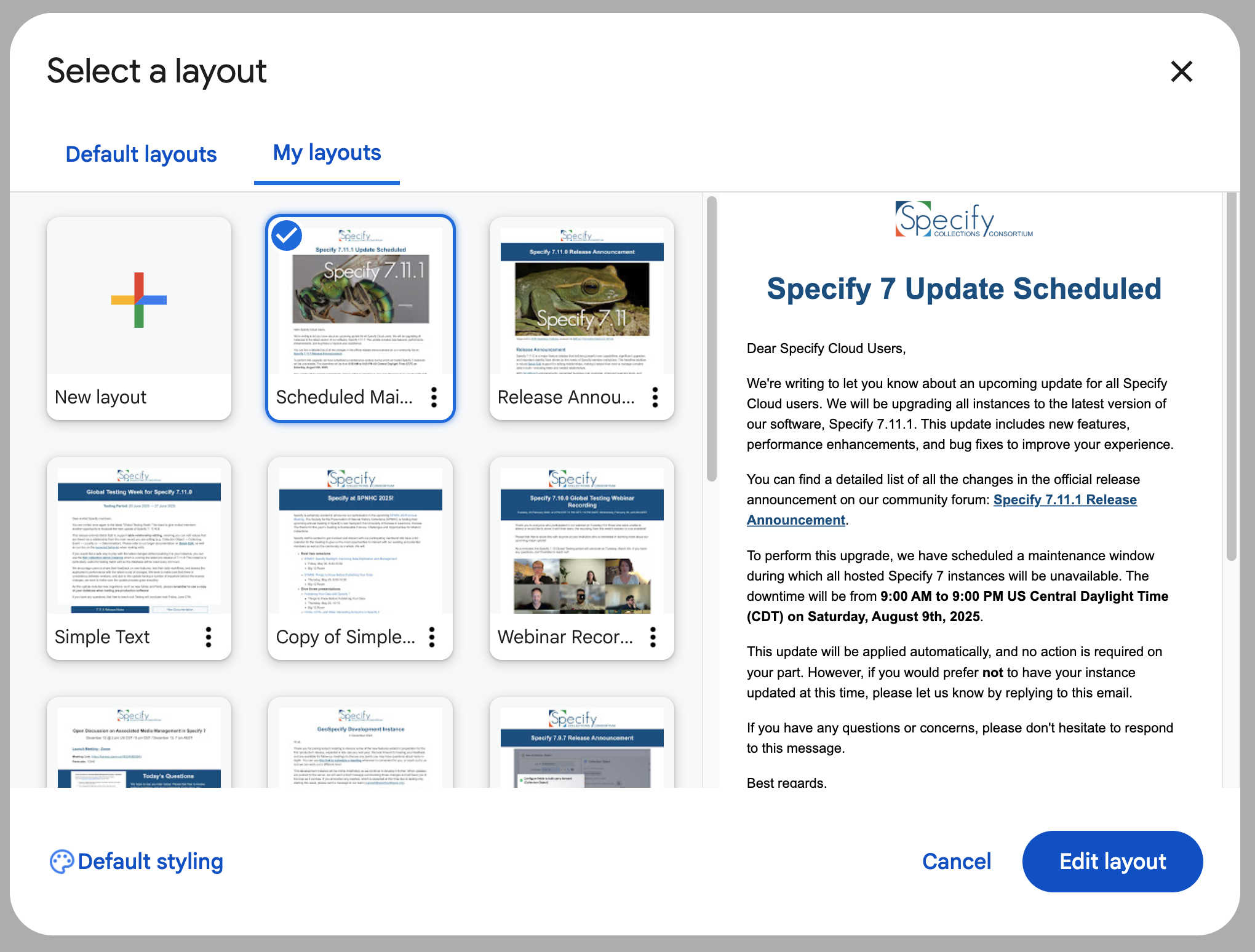 Select Scheduled Maintenance Layout