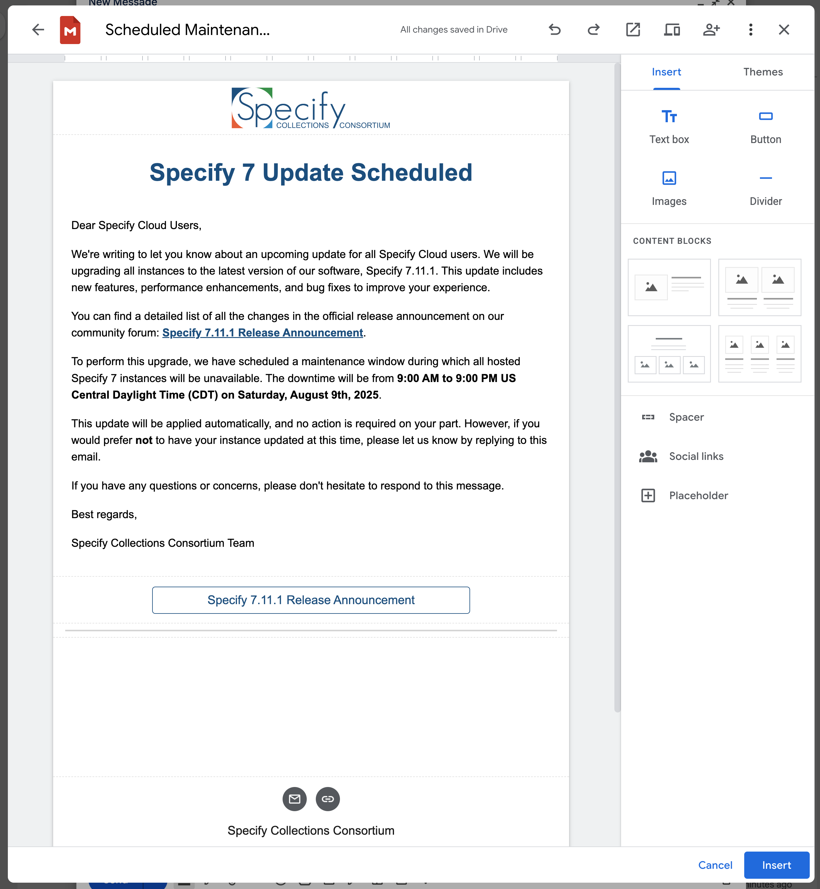 Example Scheduled Update Email